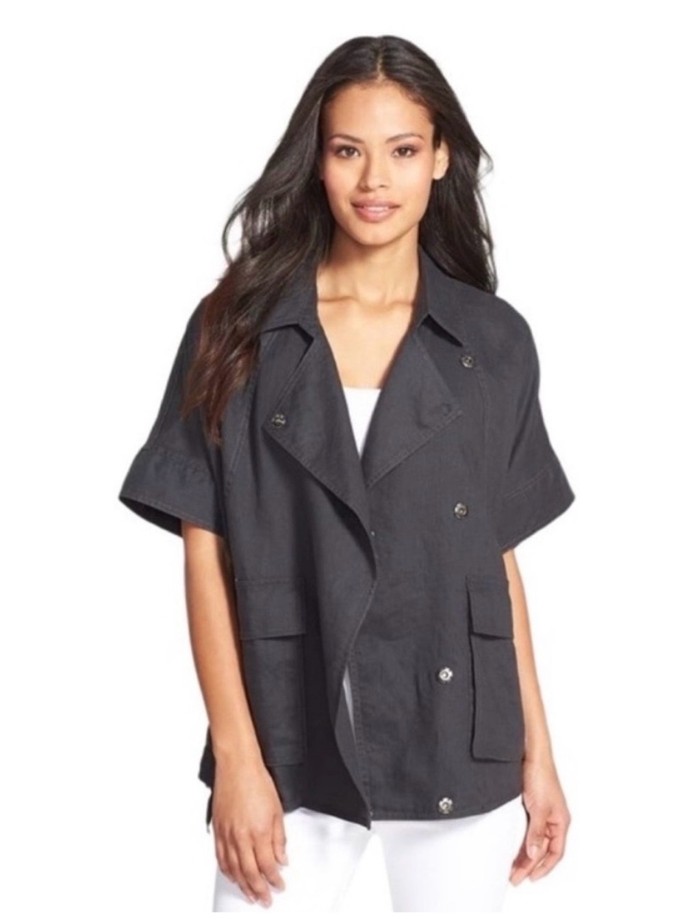 Eileen Fisher Organic Linen‎ Moto Jacket Oversized Minimalist Black Womens Small